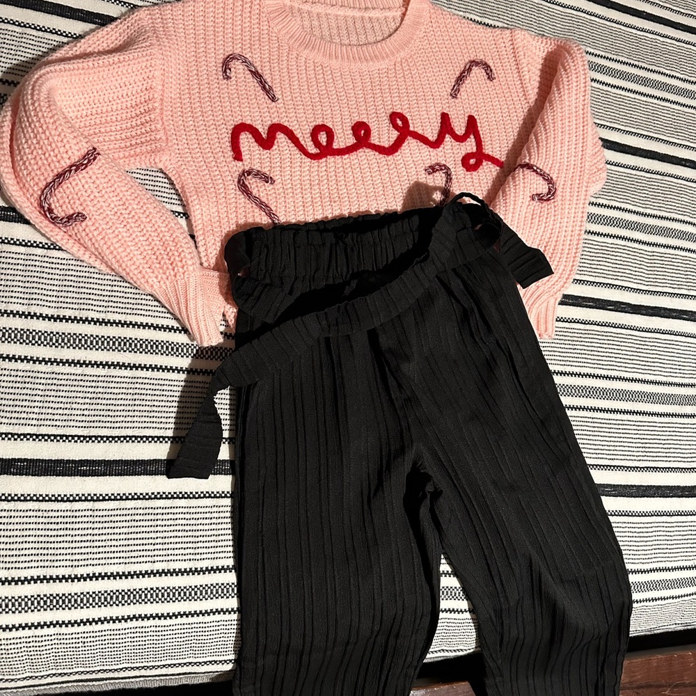 SHEIN Pink Knit Christmas Sweater & Pleated Pants